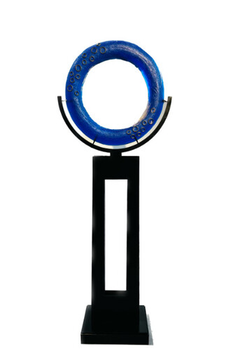 Marlene Rose, Vibrant blue freestanding ring, 2023, sand cast glass & steel, 78x28x13 inches