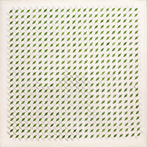 Monir Shahroudy Farmanfarmaian, Untitled, 1976, Mirror, reverse-glass painting, and plaster on wood
100 x 100 cm, Collection of Zahra Farmanfarmaian, Santa Fe © Monir Shahroudy Farmanfarmaian. Photo: Filipe Braga © Fundação de Serralves–Museu de Arte Contemporânea, Porto, Portugal