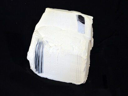 Kara Rooney, On Moving Farther Away From Speech, or Hindsight is Twenty/Twenty, No. 5, 2014, Plaster and ceramic with digital photograph, 6 ¾ x 6 ¾ x 2 ¼ inches, Copyright Kara Rooney. Courtesy Driscoll Babcock Galleries  