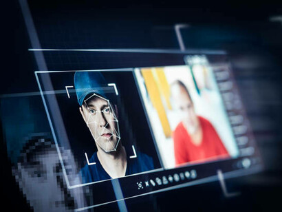 Deepfake and artificial intelligence video editing technology depicting facial manipulation and machine learning concepts