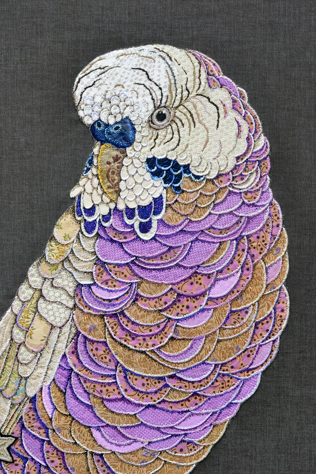 Zara Merrick 
'Purple and Gold Budgie'
Hand Embroidery 
80x80cm

