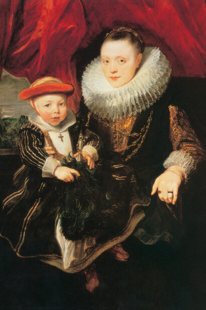 Van Dyck, Anthony - Junge Frau mit Kind, wahrscheinlich Baltazarina van Linick und ihr Sohn Adriaen van den Heetvelde, 1618. Öl auf Tafel, 131 x 102 cm. Eremitage, Sankt Petersburg.