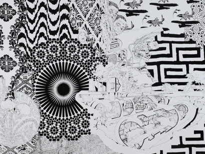 Three Large Black And White Paintings. Courtesy of Galleria Pack
