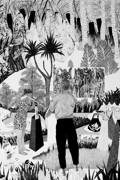 The preparation,210x150cm, Ink on paper, 2018. Courtesy of Bendana | Pinel & artist