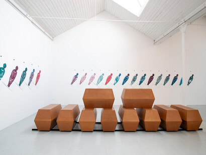 Thomas Schütte, Untitled (coffins), 1992, exhibition view. Courtesy of Tucci Russo Gallery