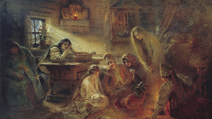 Konstantin Makovsky (1839–1915). 1905, óleo sobre lienzo, Museo Estatal de Historia de la Religión, Moscú, Rusia. Adivinaciones navideñas: en el interior de una cabaña rural, seis muchachas se dedican a adivinar el futuro: cinco de ellas se han reunido alrededor de un gallo que picotea grano junto a la muchacha sentada a la izquierda, lo que debería presagiarle un pronto matrimonio. Más a la izquierda, junto a la ventana, una muchacha está sentada a la mesa, sobre la que hay agua y velas. Junto a ella, en un banco, duerme una anciana