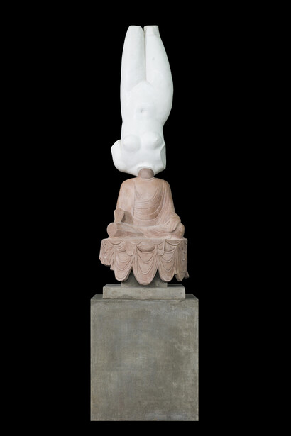 Xu Zhen, Eternity-Aphrodite of Knidos, Tang Dynasty Sitting Buddha, 2014, Glass fiber-reinforced concrete, marble grains, sandstone grains, mineral pigments, steel, 139.7 x 35.8 x 35.8 inches (355 x 91 x 91 cm), Edition of 3, Produced by MadeIn Company. Image courtesy of James Cohan Gallery, New York and Shanghai