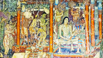 Sibi Jataka: the king undergoes the traditional rituals for renunciants. He receives a ceremonial bath, India