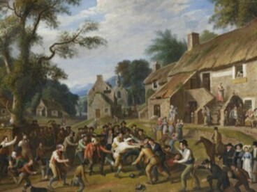 Il s'agit d'une peinture à l'huile intitulée "The foot-ball play" (Le jeu de football), réalisée vers 1830 par l'artiste écossais Alexander Carse  (détaille)