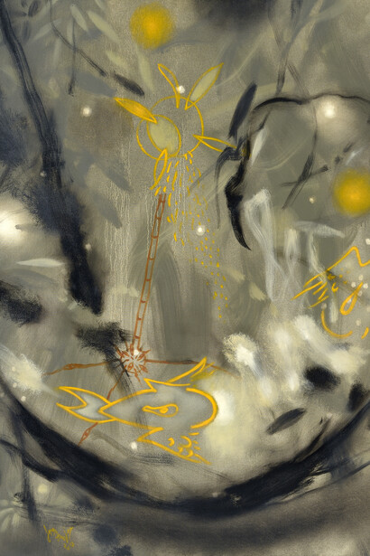 Carlos Jacanamijoy, Viento amarillo y raiz del árbol del viento, 120 x 120 cm, 2013