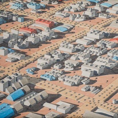 Dagoberto Rodríguez, Zaatari Refugee Camp, 2024, Watercolour on paper, 66,5 x 103 cm (unframed),80 x 118 cm (framed). Courtesy of Piero Atchugarry Gallery and the Artist