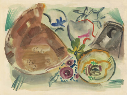 Les formes et couleurs de cette nature morte, presque abstraites, reflètent l’essence même du quotidien transformé en art, un hommage à la beauté simple et secrète qui se cache dans l’ordinaire