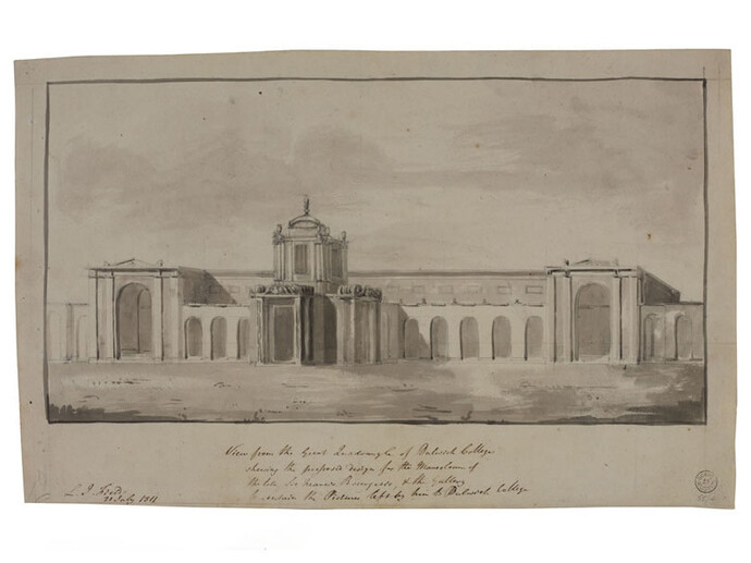 Sir John Soane, Perspective of the East Front of Dulwich Picture Gallery, 1812, Pen and ink, and wash, 278 x 440mm