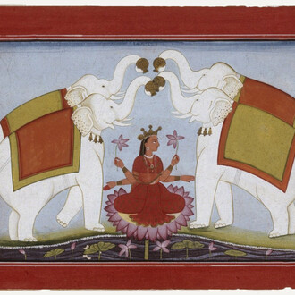 Indian
Punjab Hills, Pahari
Four Elephants Pouring Water on Lakshmi
1790–1800
Gouache on paper
5 ¾ x 8 ½ in. (14.6 x 21.6 cm)
Sidney and Lois Eskenazi Museum of Art, Gift of George Bickford in honor of Herman B Wells