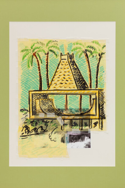 Waterfall house for a skateboarder (Timbuktutu)
2019
Digital print, tracing paper, tape and marker on paper
103 x 73 cm, framed
