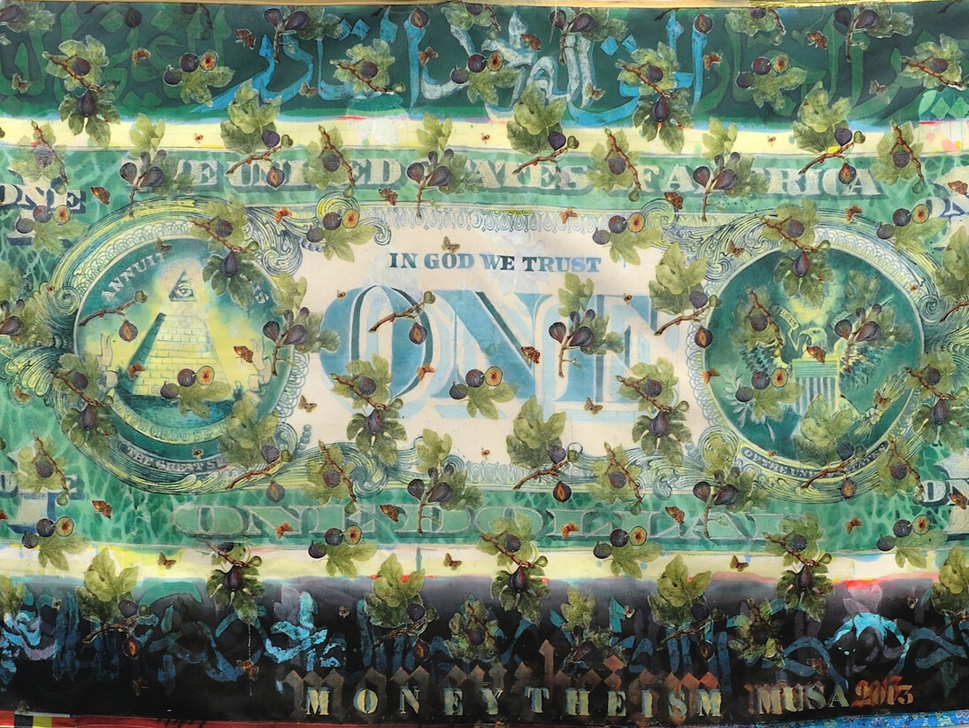 Hassan Musa, Moneytheism, 2014, Ink on textiles, 163 x 258 cm, Courtesy of the artist and Galerie Maïa Muller