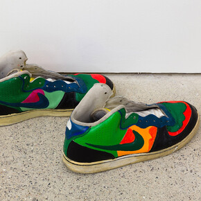 John Olson, 
Untitled, 2013,
Acrylic paint on used athletic shoes,
15.24 x 30.24 x 12.7 cm,
(in. 6 x11 7⁄8x5 )