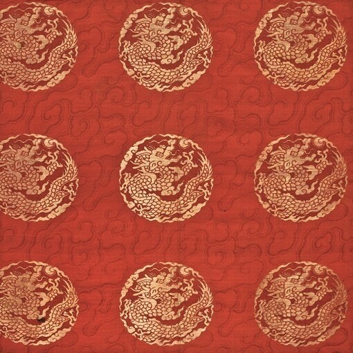 Large gold medallions of four-clawed dragons set on a red ground of stylised clouds. Silk, damask on twill ground; flat gold thread. End of Edo period, inscription dated 1814. CB-TJ-1927-29 © Copyright Baur Foundation, Geneva (Switzerland)
