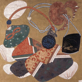 ‘Sagemono and dress accessories’, from a set of ten paintings in album leaf (originally made as ceiling panels). Artist unknown, ink and colour on gold-leafed paper, about 1624-1644 © The Trustees of the British Museum