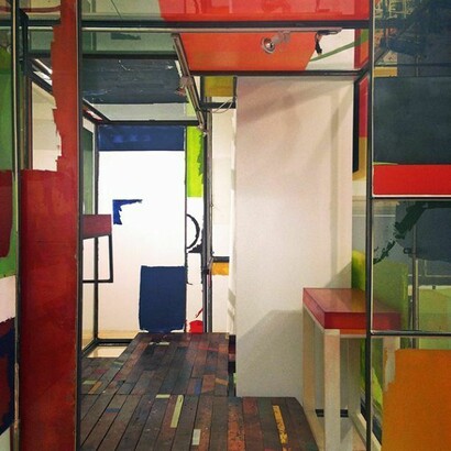 Rob Fischer, Good Weather (Glass House), 2014 (interior view), glass, steel, screenprint ink, acrylic and latex paint, construction adhesive, wood floor, lights, wires, 175 x 223 x 126 inches
