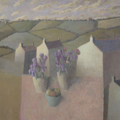 Nicholas Turner, Cottages with Table, 30 x 32 inches, Oil on board