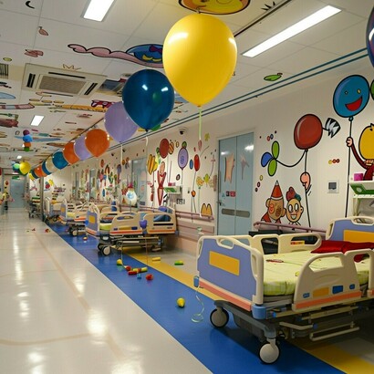 A bright and colorful pediatric ward with playful balloons and art, designed to enhance the comfort of young patients and families