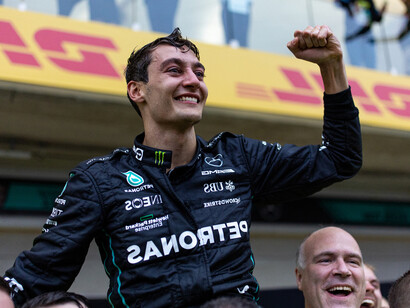 George Russell winning the F1, Brazil GP, Day 4, Sunday Nov 13, 2022, Motorsport, photo by Kym Illman