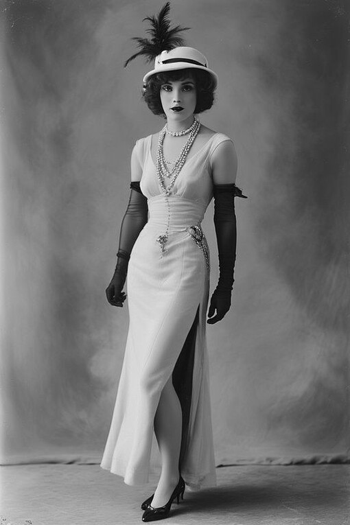 A woman showcases the classic elegance of the Jazz Age with a long dress, a fashionable hat, and a chic short haircut
