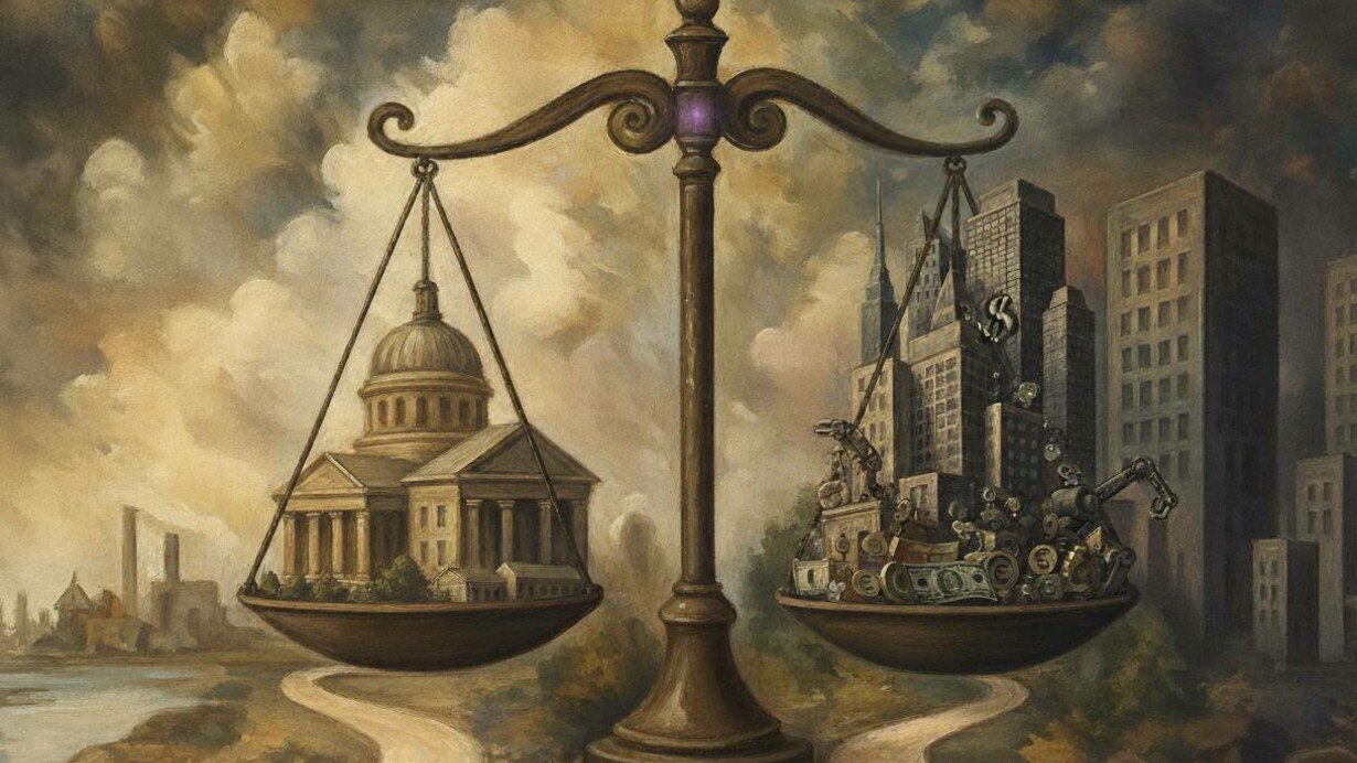 Rappresentazione artistica dell'equilibrio tra potere statale e forze di mercato, che simboleggia la tensione all'interno dei sistemi politici ed economici della società moderna