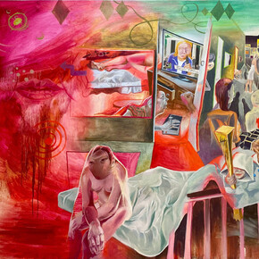 Rachel Zhang, To be kissed by a shallow death at a motel with endless rooms, 2023. Oil on canvas. 56 x 68 in | 142 x 172 cm. Courtesy of the artist and Fragment Gallery