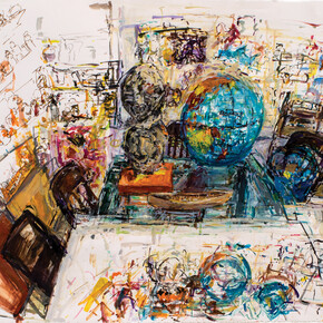 Globe and Double Heads, 2014, Acrylic on paper, 30 x 44 inches