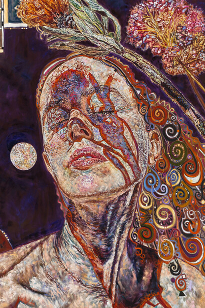 Constanza Schaffner,
Un canto que atravieso (detail), 2023.
Oil on linen,
90 x 70 inches,
(228.6 x 177.8 cm)© Constanza Schaffner; Courtesy of the artist, Central Fine, Miami Beach, and Luhring Augustine, New York. Photo: Genevieve Hanson