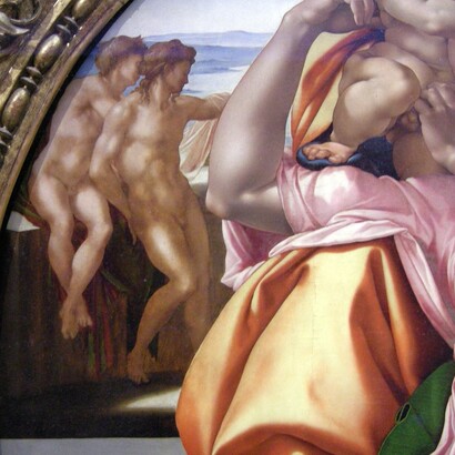 Michelangelo, "Tondo Doni", 1505-07, dettaglio del gruppo a sinistra della Sacra Famiglia, Galleria degli Uffizi, Firenze, Italia