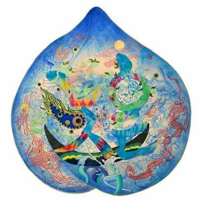Jiha Moon, "Peach Mask IV," 2013, Ink, acrylic, and tie dye cotton fabric on Hanji paper. Courtesy of Ryan Lee, New York