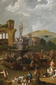 Peeter van Bredael (1629–1719). «Un mercado en Italia», siglos XVII-XVIII. Óleo sobre lienzo. Doyle.com. Nueva York, EE. UU.
