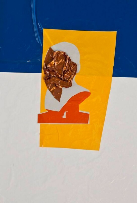 Lain York. Trashed in the Press from Selections from the National Gallery, 2012.Vinyl, acrylic paint, correct tape, and graphite on panel, 24 x 16 x 3 in. Courtesy of the artist. © Lain York