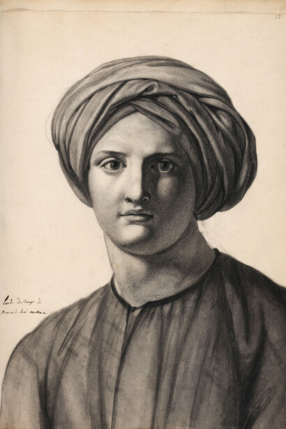 André Dutertre (b. Paris, 1753 –
d. Paris, 1842). Portrait de l'aide de
camp de Murad Bey (Portrait of
Murad Bey’s aide-de-camp). Charcoal
on paper, 522 x 374 mm. Inv. no. PC
11155-47a. Paris, Ecole nationale
supérieure des beaux-arts. © Beauxarts
de Paris/T. Ollivier/J.-M.
Lapelerie.