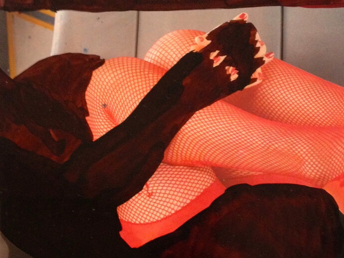 Beverly Semmes, Fishnets (detail), 2014, Encre sur page de magazine, 24,4 x 20 cm (9 5/8 x 7 7/8 in.), Courtesy of Beverly Semmes & Susan Inglett Gallery © Chris Kendall