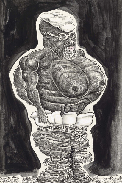 Trenton Doyle Hancock, Buff and Britches, 2010, Acrylic, mixed media on paper, 10 x 6 ¼ inches, Collection Sloan and Carli Schaffer, Los Angeles. Courtesy the artist and James Cohan Gallery, New York