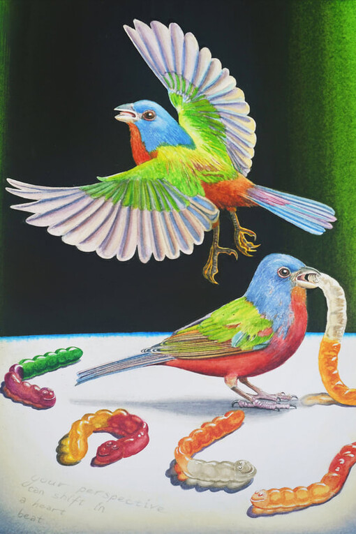 Paul Pitsker, Gummies (detail), 2023, watercolor, 12x9 in., 20x17 in. framed. Courtesy of Billis Williams Gallery