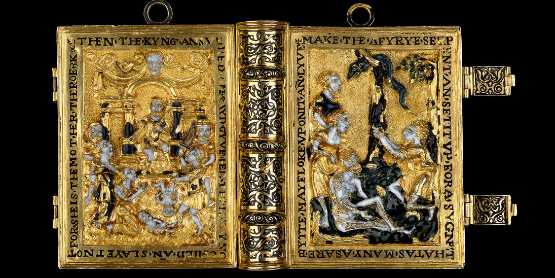 Miniature prayer book. London, UK , 1540–76This enamelled gold case contains a unique miniature printed book of morning and evening prayers, hymns, psalms and meditations. It was worn on a belt and may have belonged to Queen Elizabeth I.© the Trustees of the British Museum