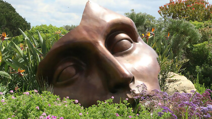 A giant mask on the grass