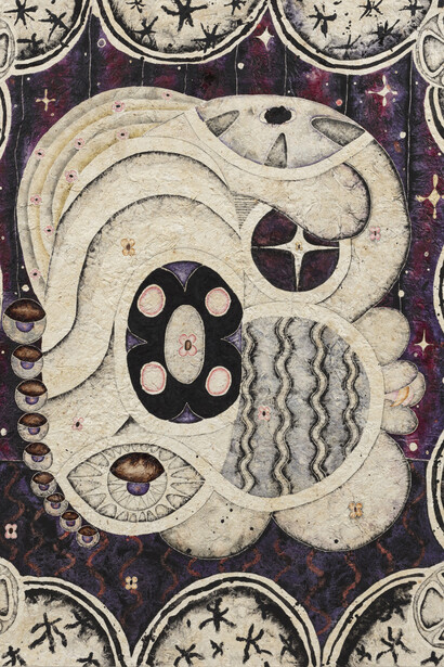 Omar Mendoza. Flor De Piedra (detail), 2023. Mexican honeysuckle, zacatlaxcalli, brasilwood, charcoal, kina, alder, jonote, jagua, beeswax, lemon, and rabbit tail on cotton, 78 3/4 x 70 3/4 inches (199.9 x 179.8 cm). Courtesy of Steve Turner