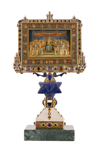 Diego Percossi Papi, Omaggio alla maestà di Simone Martini, Miniatura ad olio su rame è impreziosita da una cornice in tecnica di smalto cloisonné su argento e rame dorato con un diamante, zaffiri, ametiste, granati, topazi arancio e azzurri, tormaline, lapislazzuli e cristallo di rocca

