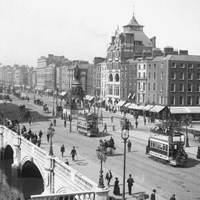 View of trams on O'Connell Street. On 26 August 2013, tram drivers and conductors left their trams on O'Connell Street, leading to the events that became known as the Lockout