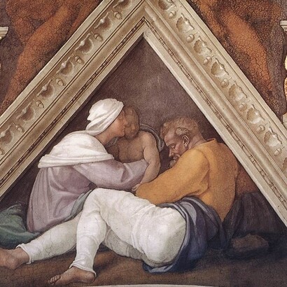 Michelangelo Buonarroti, vela sopra Giosia, Ieconia e Salatiel, "Antenati di Cristo", 1508-10 circa. Cappella Sistina, Città del Vaticano