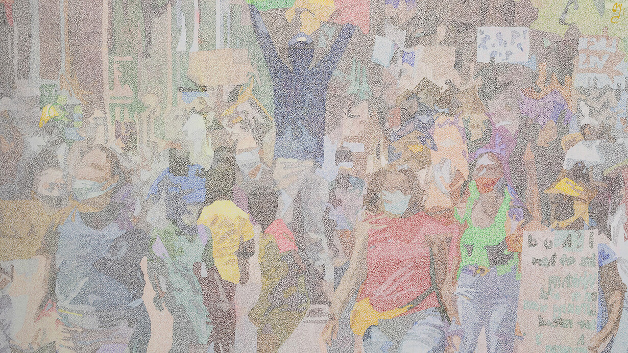 Alioune Diagne, Bankat yi, protestants (detail), 2024. Courtesy of Templon