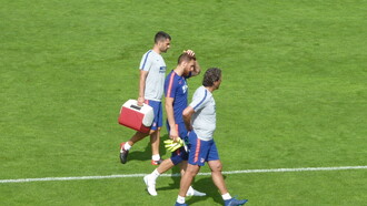 Jan Oblak, portero del Atlético de Madrid, durante la última sesión de trabajo en la localidad italiana de Brunico. Foto: Alessandro Doro

