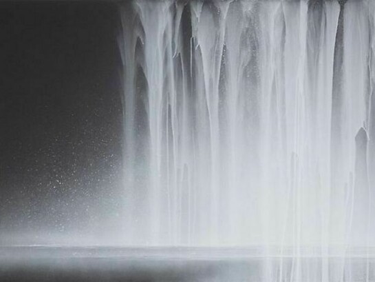 Hiroshi Senju, Falling Water, 2013, Acrylic and fluorescent pigments on Japanese mulberry paper, 33 1/2 x 66 7/8 inches © 2013 Hiroshi Senju