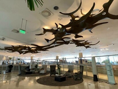12-meter lamp by Pedro Correa de Araújo made of paper mache at the Hotel Nacional  in São Conrado, in Rio de Janeiro, Brazil